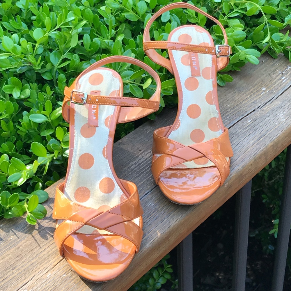 Orange patent wedges sandals